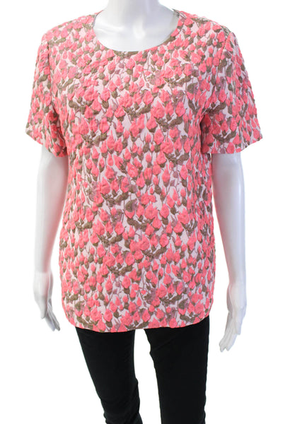 J Crew Women Pink Silk Floral Short Sleeve Round Neck Blouse Size 10