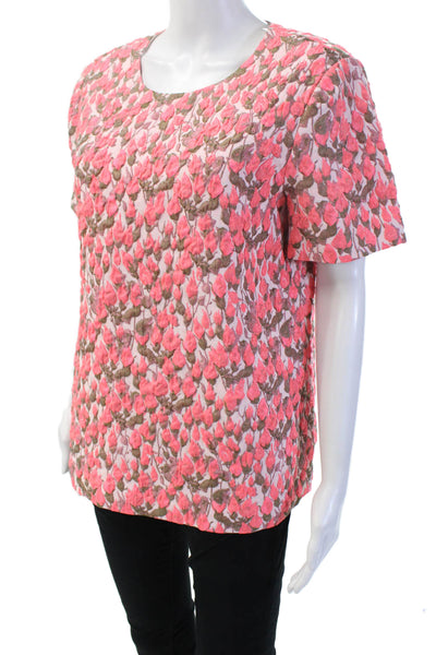 J Crew Women Pink Silk Floral Short Sleeve Round Neck Blouse Size 10
