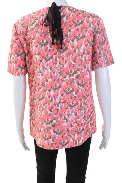 J Crew Women Pink Silk Floral Short Sleeve Round Neck Blouse Size 10