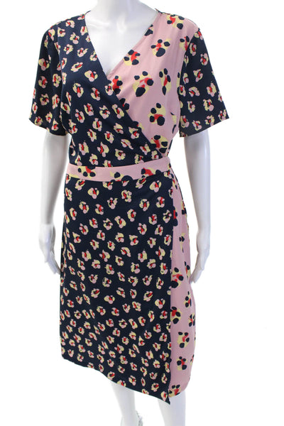 BCBGeneration Womens Wrap Dress Dark Blue Floral Vneck Short Sleeve Size S
