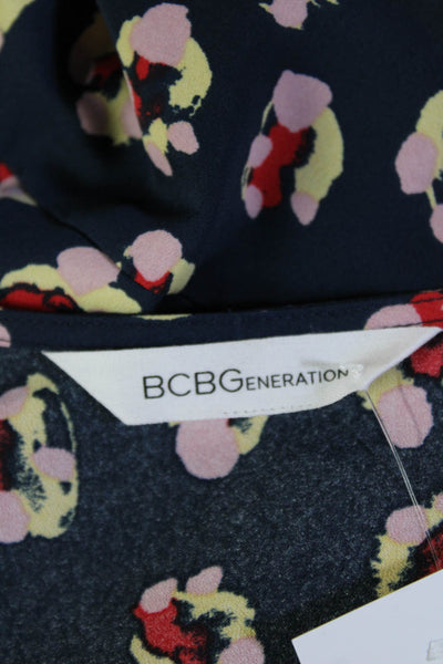 BCBGeneration Womens Wrap Dress Dark Blue Floral Vneck Short Sleeve Size S