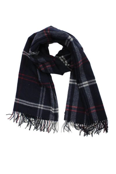 Club Monaco Womens Wool Plaid Print Fringe Classic Scarf Blue Size 76" x 14"