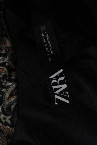 Zara Women Black Paisley Bohemian Collared Button Blazer Long Sleeve Size S