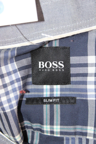 Boss Hugo Boss Mens Plaid Collared Long Sleeve Button-Down Shirt Blue Size L