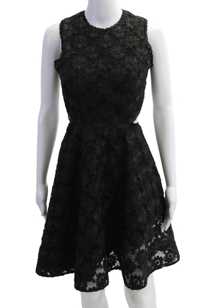 Alexis Women Fit & Flare Black Floral Knee Length Dress Sleeveless Size XS