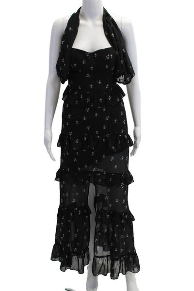 Wayf Women Maxi Dress Black Floral Sleeveless Bohemian Tie Size XS