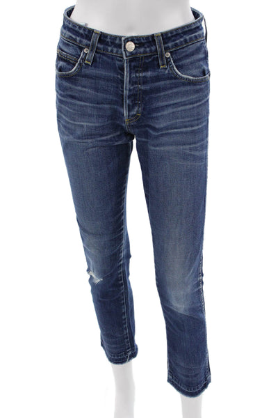 Amo Womens Cropped Ankle Jeans Dark Blue Mid Rise Button Size 26