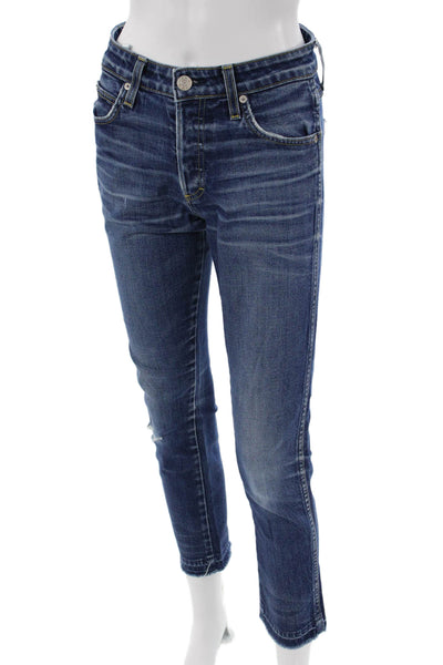 Amo Womens Cropped Ankle Jeans Dark Blue Mid Rise Button Size 26