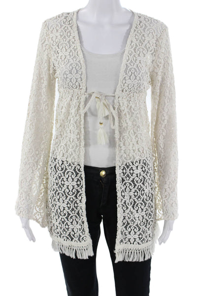 PilyQ Women Floral V-Neck Long Sleeve Drawstring Beach Top White Size XS