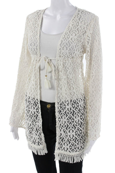 PilyQ Women Floral V-Neck Long Sleeve Drawstring Beach Top White Size XS