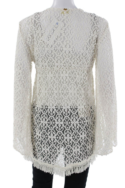 PilyQ Women Floral V-Neck Long Sleeve Drawstring Beach Top White Size XS