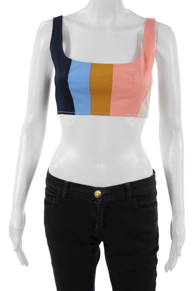 Staud Women Cropped Top Dark Blue Striped Square Neck Sleeveless Zip Size 0