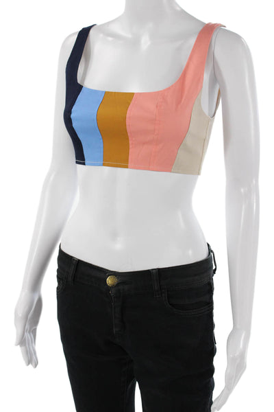 Staud Women Cropped Top Dark Blue Striped Square Neck Sleeveless Zip Size 0