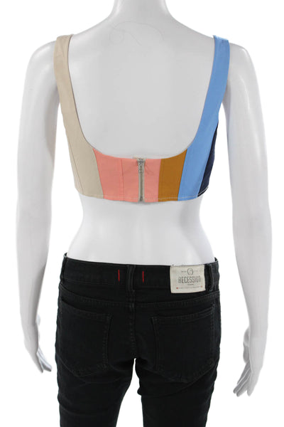 Staud Women Cropped Top Dark Blue Striped Square Neck Sleeveless Zip Size 0