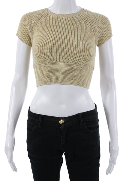 Lovers + Friends Womens Cropped Top Beige Button Short Sleeve Size S