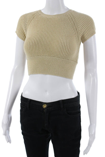 Lovers + Friends Womens Cropped Top Beige Button Short Sleeve Size S