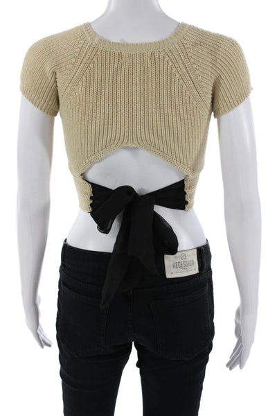 Lovers + Friends Womens Cropped Top Beige Button Short Sleeve Size S