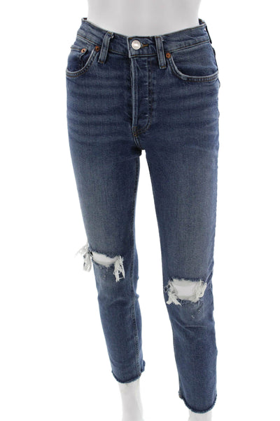 Re/Done Womens Ankle Cropped Straight Dark Blue Jeans Size 25