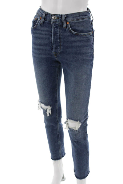 Re/Done Womens Ankle Cropped Straight Dark Blue Jeans Size 25