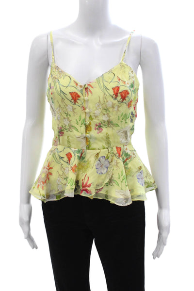 Parker Women Silk Floral V-Neck Camisole Blouse Yellow Spaghetti Strap Size XS