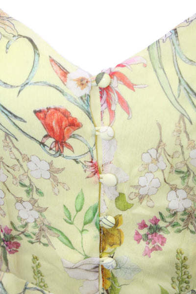 Parker Women Silk Floral V-Neck Camisole Blouse Yellow Spaghetti Strap Size XS