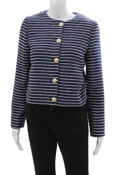 J Crew Womens Striped Dark Blue Blazer Button Long Sleeve Petite Size 0