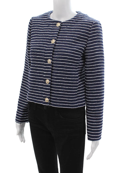 J Crew Womens Striped Dark Blue Blazer Button Long Sleeve Petite Size 0