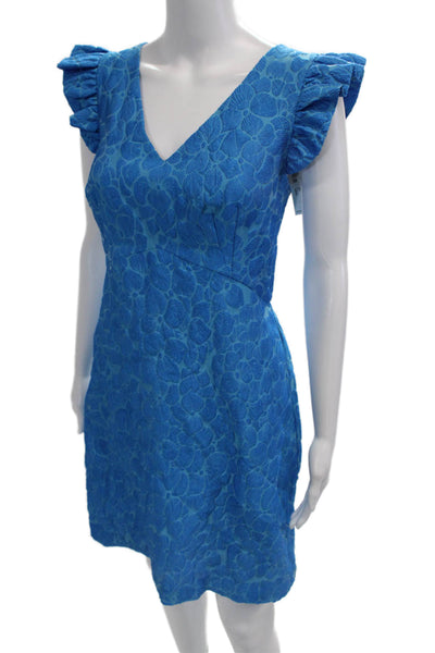 Trina Turk Women A-Line Floral V-Neck Short Sleeve Dress Zip Blue Size 6