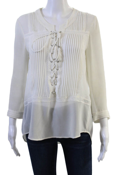 The Kooples Women White Silk Blend Tunic 3/4 Sleeve Round Neck Boho Size L