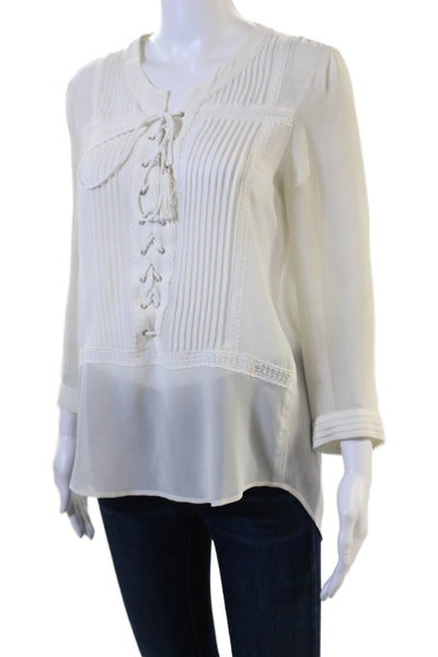 The Kooples Women White Silk Blend Tunic 3/4 Sleeve Round Neck Boho Size L