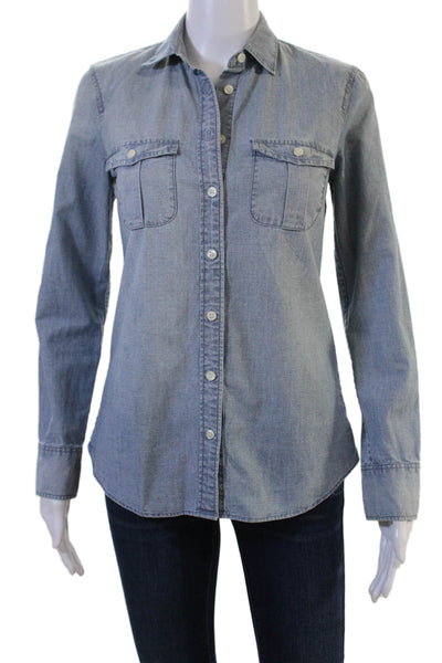 J Crew Women Light Blue Collared Basic Button-Up Cotton Long Sleeve Size 2XS
