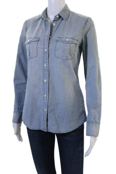J Crew Women Light Blue Collared Basic Button-Up Cotton Long Sleeve Size 2XS