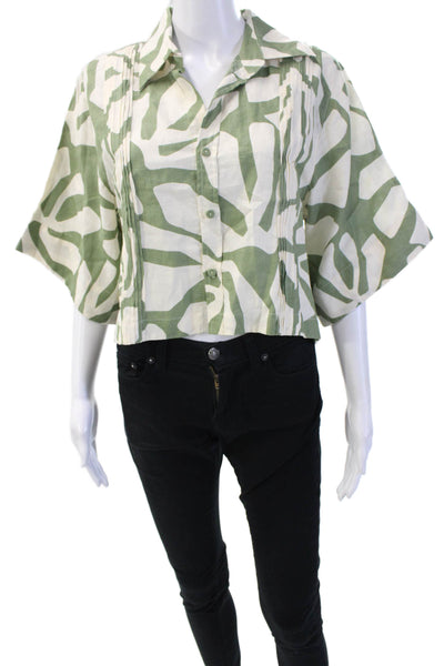 Pink Filosofy Women Cropped Kimono Collared Linen Geometric Blouse Green Size S