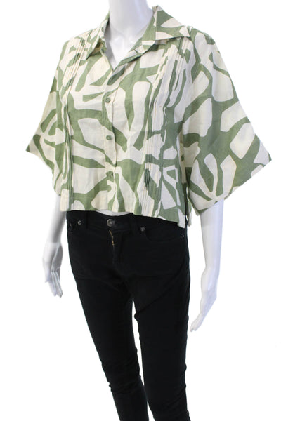 Pink Filosofy Women Cropped Kimono Collared Linen Geometric Blouse Green Size S