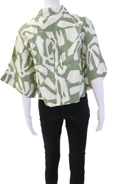 Pink Filosofy Women Cropped Kimono Collared Linen Geometric Blouse Green Size S