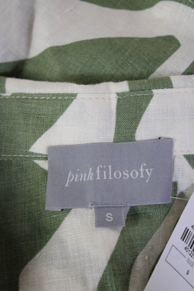 Pink Filosofy Women Cropped Kimono Collared Linen Geometric Blouse Green Size S