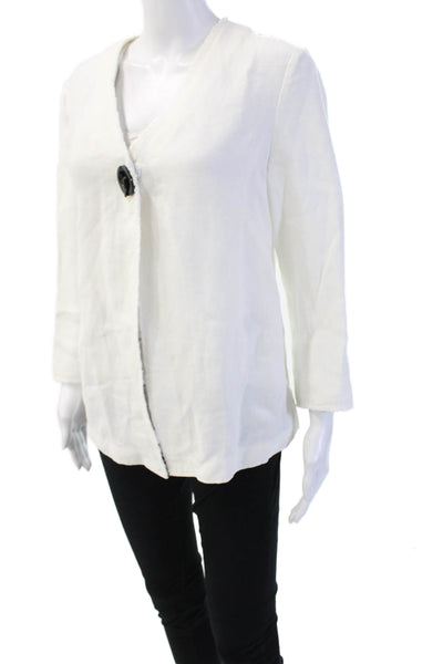 Lafayette 148 New York Women White Linen V-Neck 3/4 Sleeve Sweater Size S