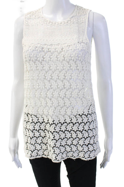 Valerie Khalfon Women Bohemian Floral Cotton Tunic White Sleeveless Size 40