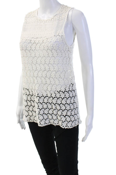 Valerie Khalfon Women Bohemian Floral Cotton Tunic White Sleeveless Size 40