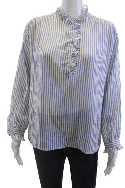 Sundry Womens Striped Cotton Buttonup Highneck Blouse Blue Longsleeve Size 1