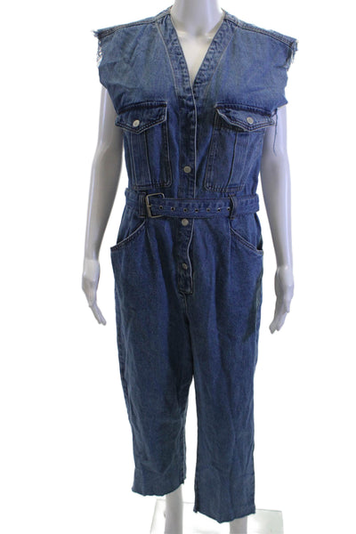 Blank NYC Women Blue V-Neck Sleeveless Jumpsuit Solid Size M