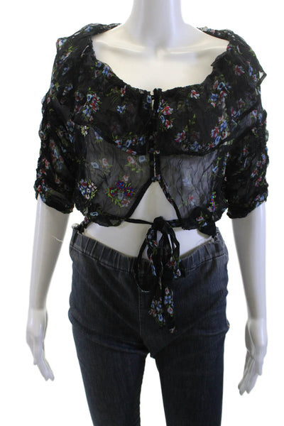 Free People Women Cropped Floral Black Polyester Blend Blouse Size 2