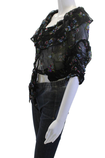 Free People Women Cropped Floral Black Polyester Blend Blouse Size 2