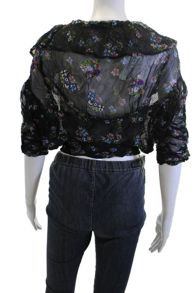 Free People Women Cropped Floral Black Polyester Blend Blouse Size 2