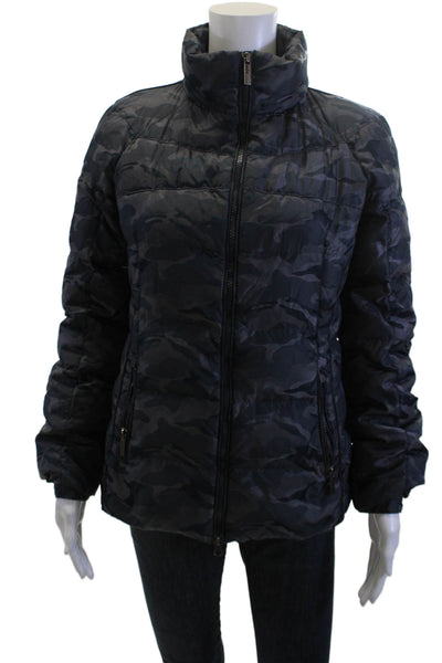 Add Down Womens Puffer Quilted Jacket Dark Blue Camouflage Zip High Neck Size 6