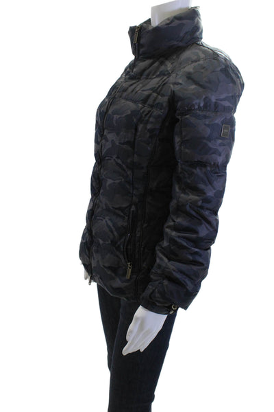 Add Down Womens Puffer Quilted Jacket Dark Blue Camouflage Zip High Neck Size 6