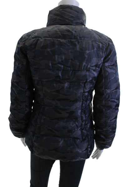 Add Down Womens Puffer Quilted Jacket Dark Blue Camouflage Zip High Neck Size 6