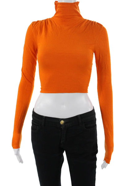 Zara Women Cropped Turtleneck Long Sleeve Button Orange Top Size S
