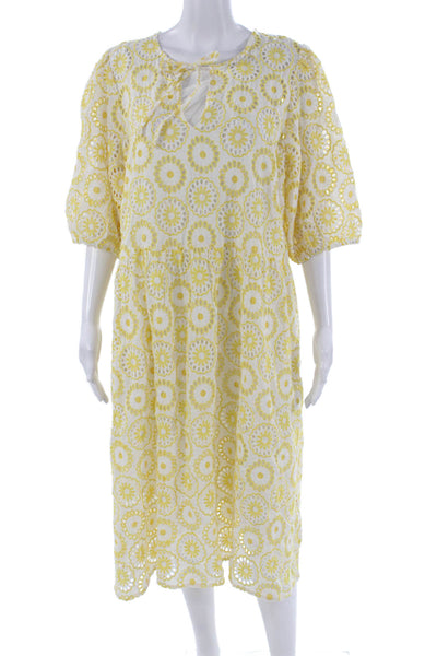 Barbour Women A-Line Sundress Yellow And White Floral Midi 3/4 Sleeve Tie Size 1