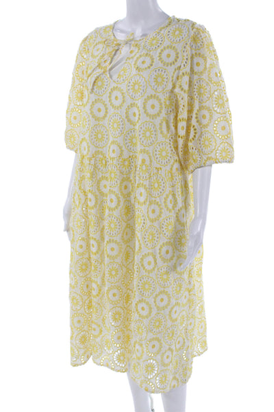 Barbour Women A-Line Sundress Yellow And White Floral Midi 3/4 Sleeve Tie Size 1